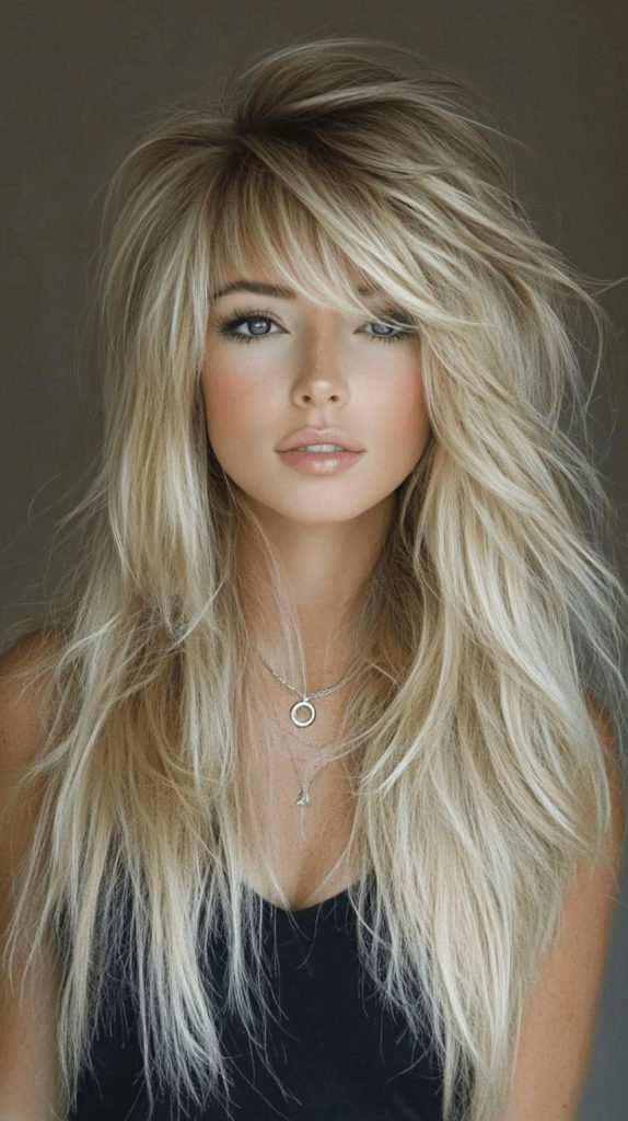 Long shag at mid-back length with wispy curtain bangs low maintenance haircut