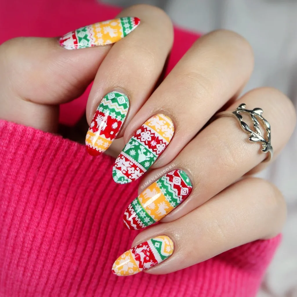 Colorful Fair-Isle Holiday Sweater Nails sweater nail art design