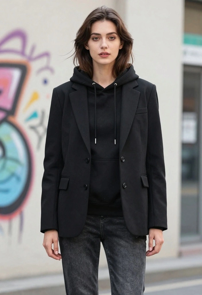 Black blazer layered over a hoodie