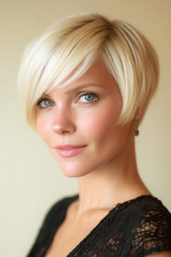 Cropped bixie with forward-swept blonde layers blonde short hair