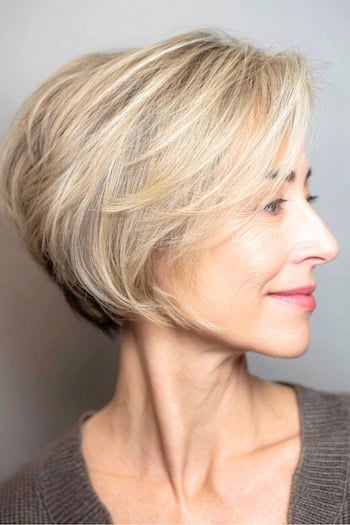 Feathered layers that lift a blonde bixie blonde short hair