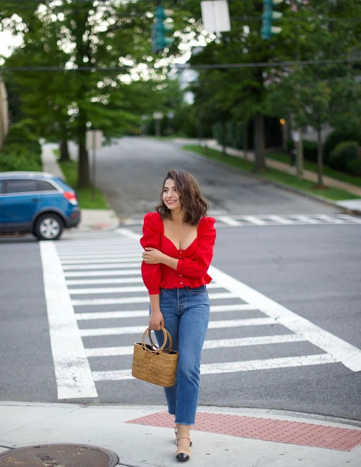 Red off-shoulder top with straight jeans cute dinner outfit
