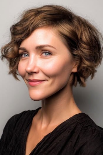Curly pixie bob with soft highlights short hair hairstyle
