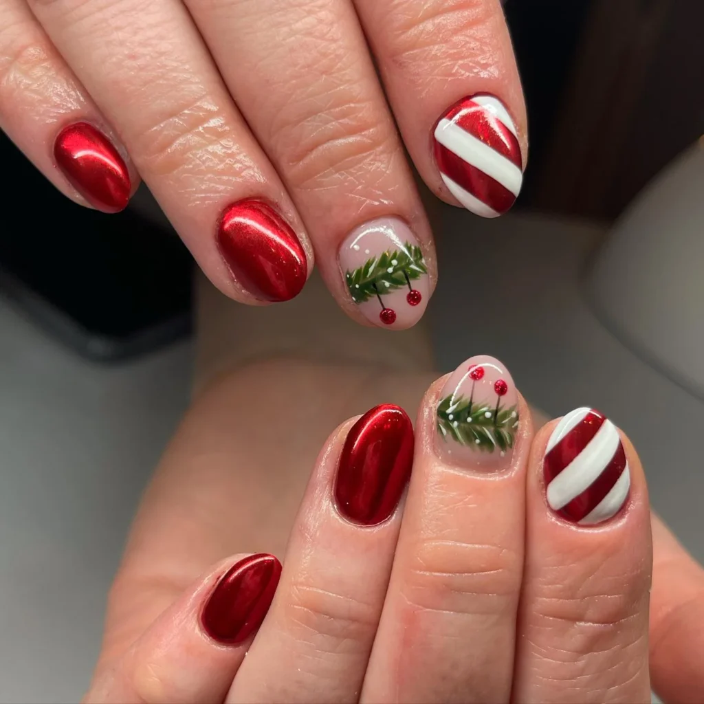 Peppermint Stripes with Tree Accents December nail manicure