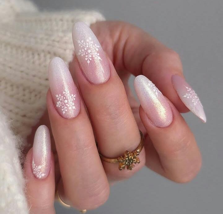 Pink and White Pearly Ombre Snowflake Nails snowflake nail art design