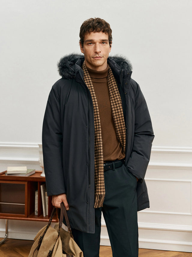 Insulated Parka With a Checked Scarf men's winter outfit