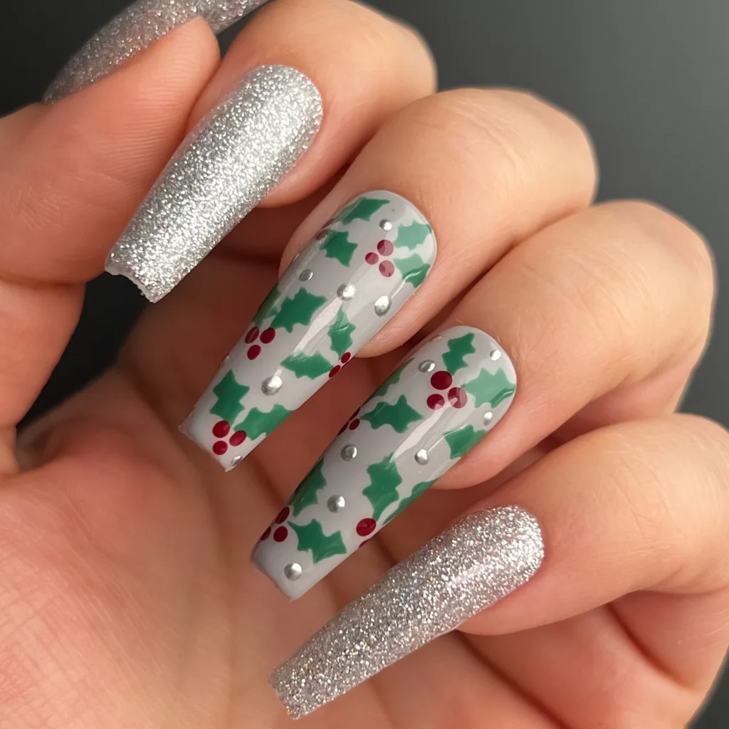 Silver Glitter with Holly Print December nail manicure