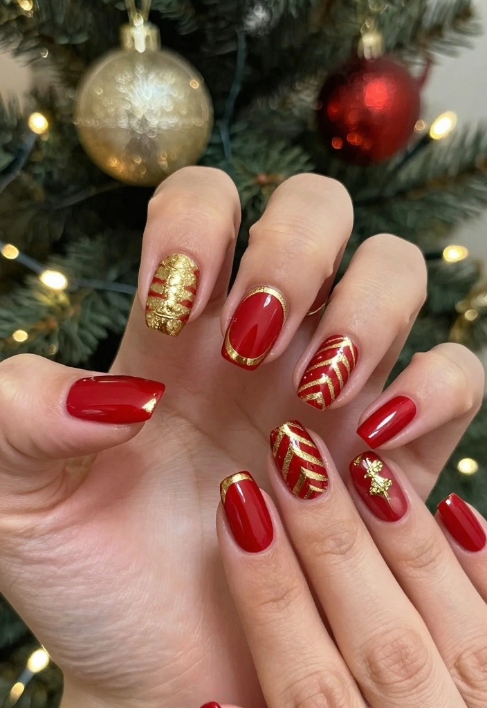 Classic Red and Gold winter nail manicure
