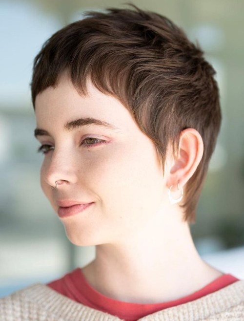 Brown Pixie Mullet with Micro Bangs brown pixie haircut