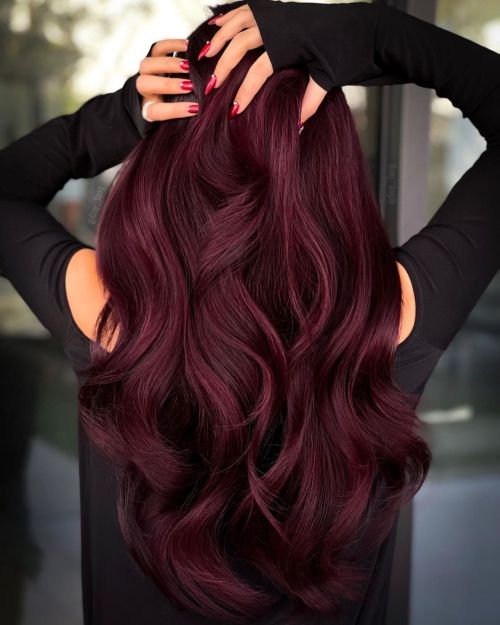 Wine-Dark Red on Soft Flowing Lengths red hair color