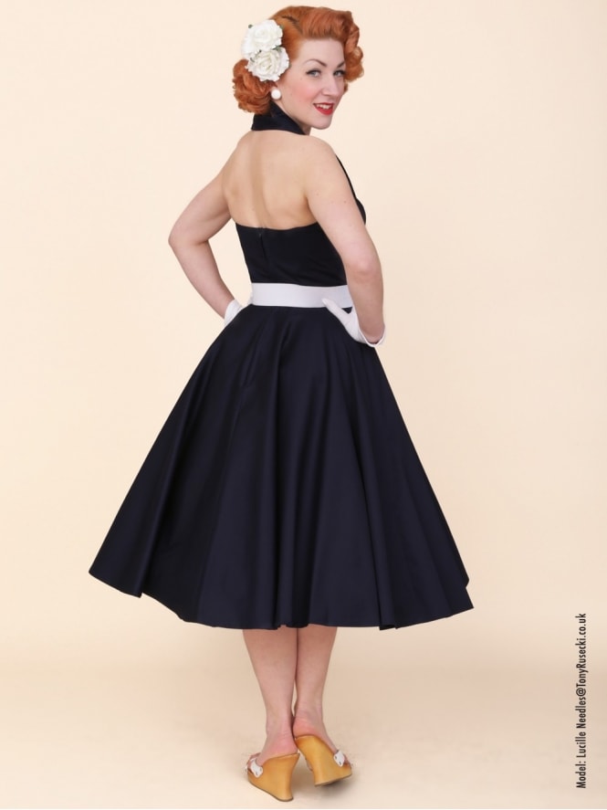 Navy sateen halterneck dress for evening vintage style outfit