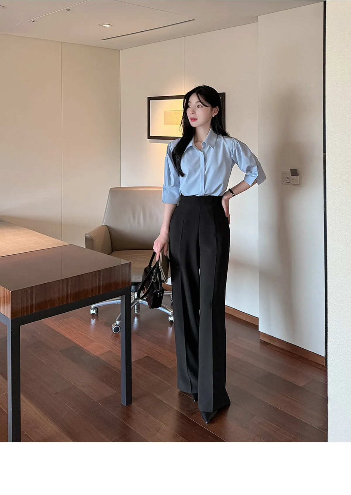 Light Blue Shirt with Black Wide-Leg Trousers professional outfit