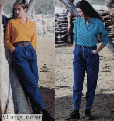 Soft knit tops with pleated mom jeans and a big belt