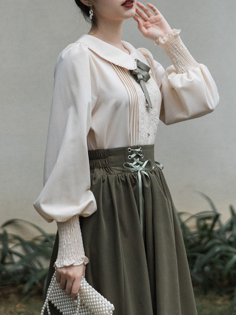 Peter Pan collar blouse with puffed sleeves and a full swing skirt vintage style outfit