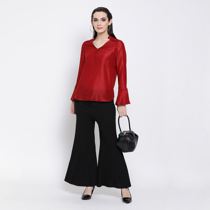 Maroon Frill-Collar Top with Black Wide-Leg Trousers professional outfit