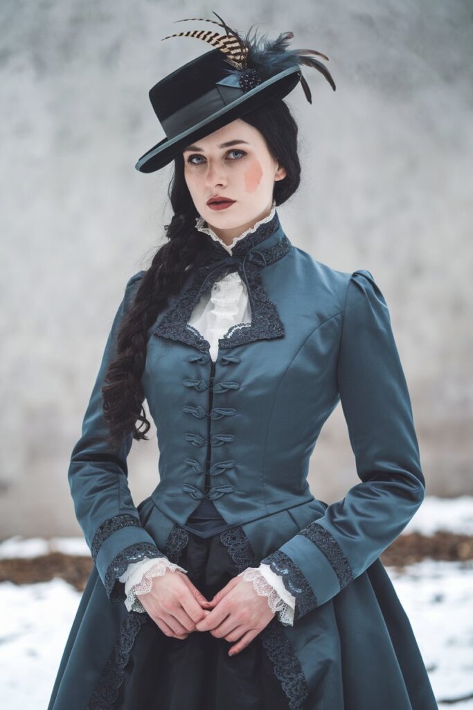 Victorian Lace Jacket with a High-Collared Blouse and Feathered Hat goth outfit