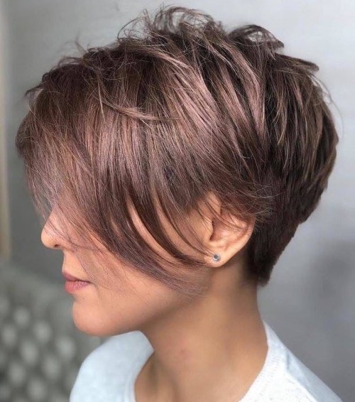 Lavender-Brown Feathered Crop with a Jaw Frame pixie cut idea