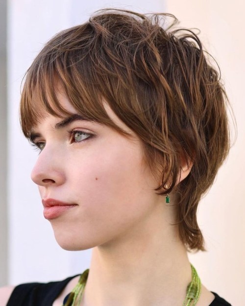Tousled Brunette Pixie with Soft Bangs brown pixie haircut