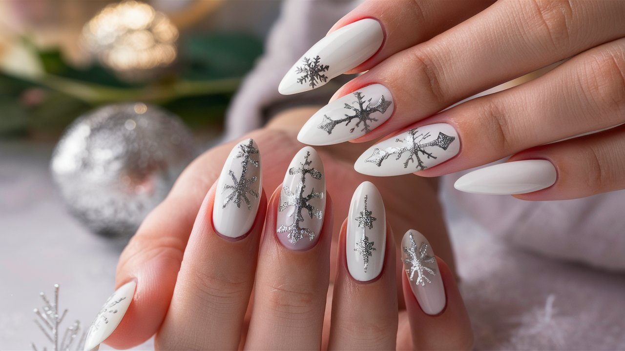 Milky White Almond Nails With Stars and Crystals almond Christmas nail manicure