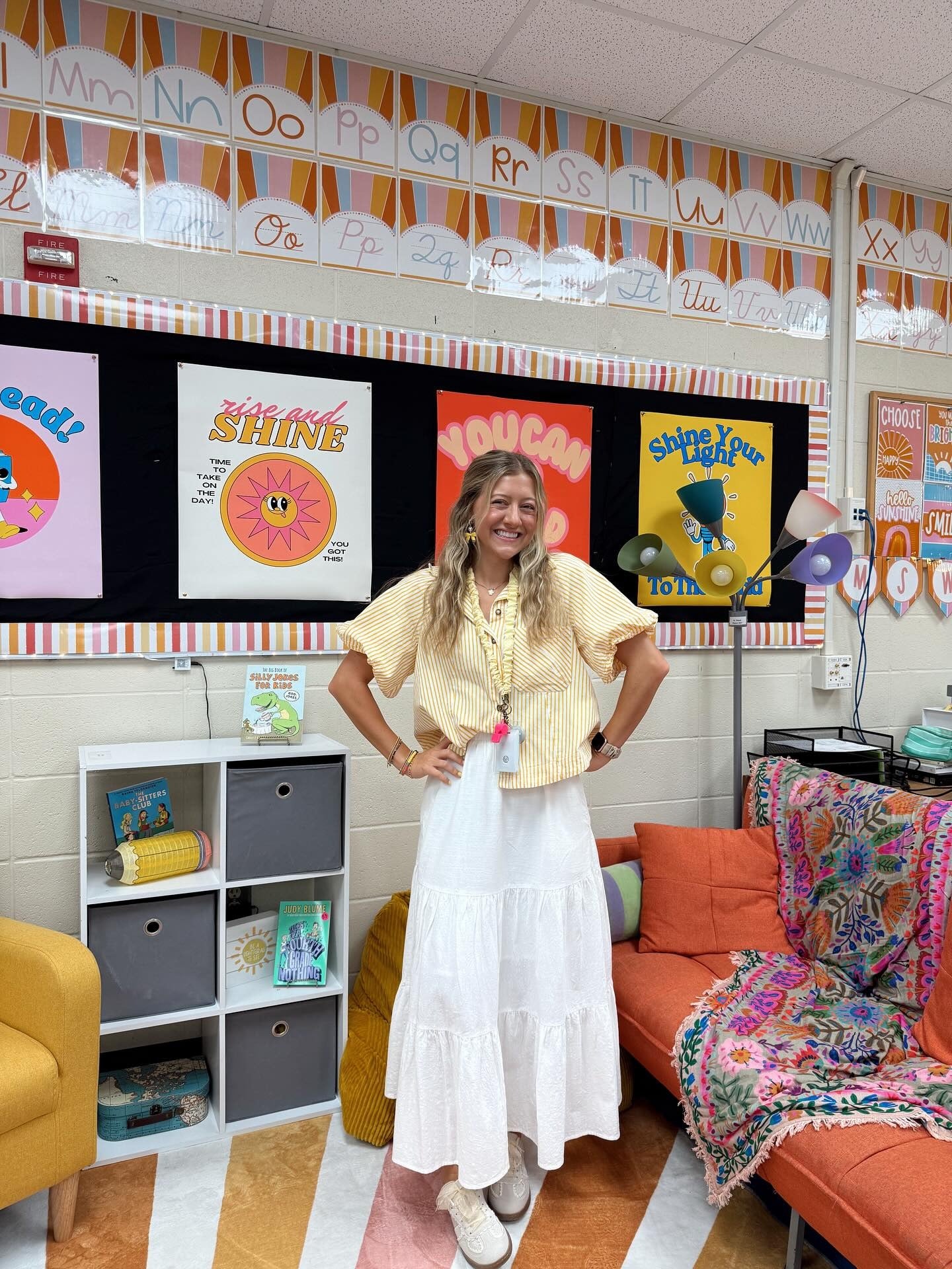 Yellow Stripe Blouse with a White Tiered Skirt teacher outfit