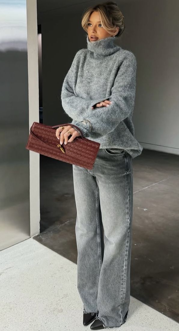 Grey-on-Grey Layers With a Burgundy Clutch christmas party outfit