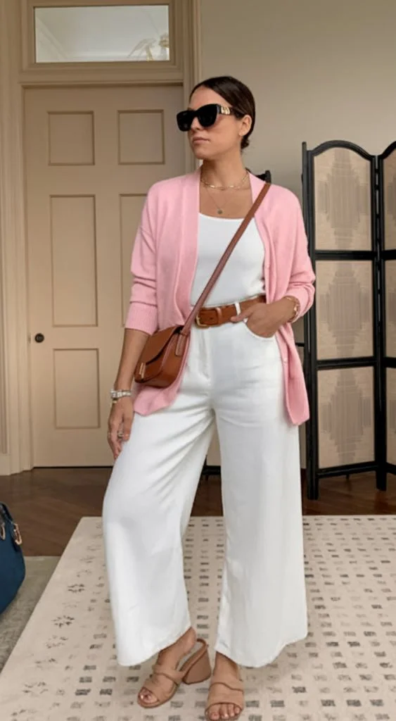 White jumpsuit with soft pink cardigan cute dinner outfit