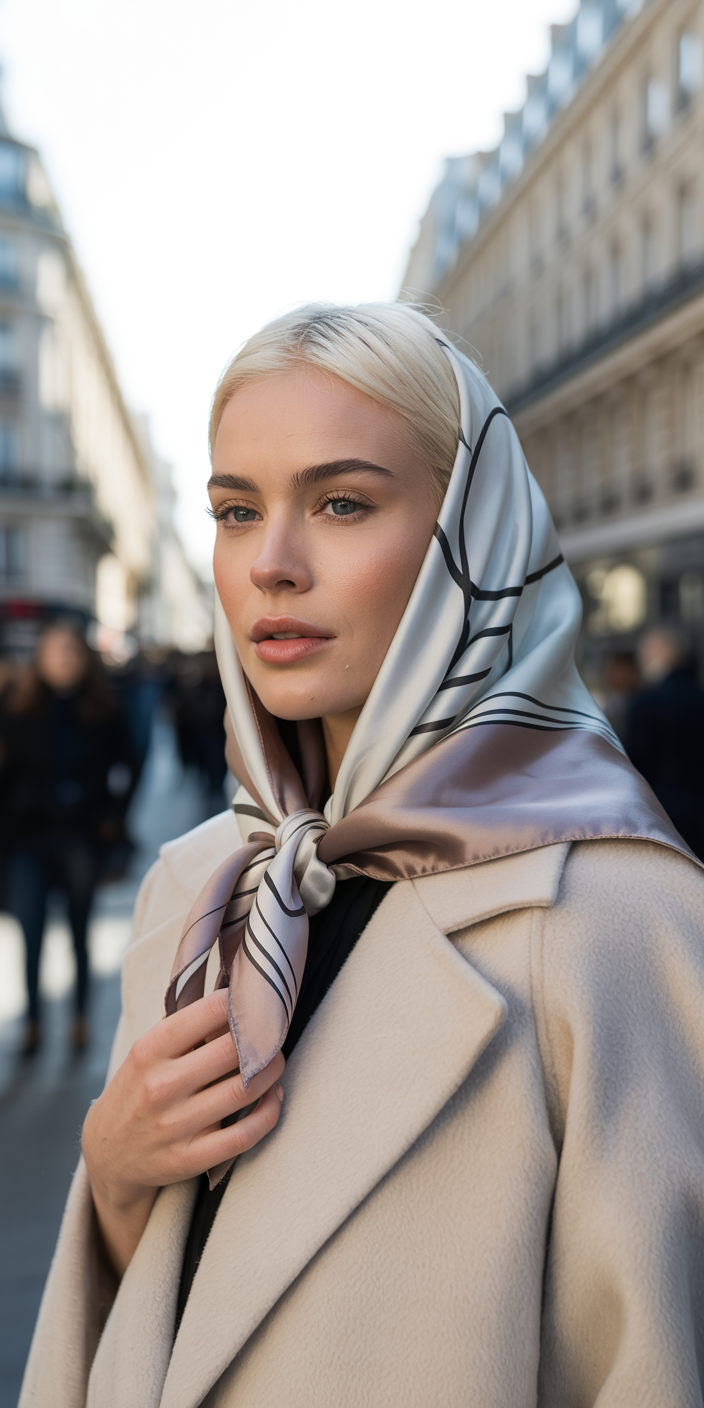 Woman wearing a silk headscarf in street style