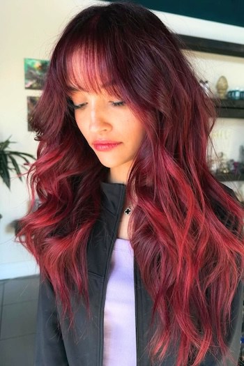 Burgundy-to-Red Ombre With Face-Framing Layers red hair color look