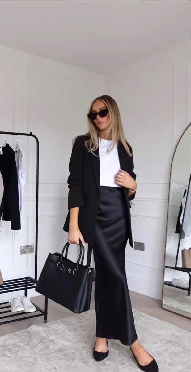 Classic black blazer, white tee and sneakers with black satin skirt outfit