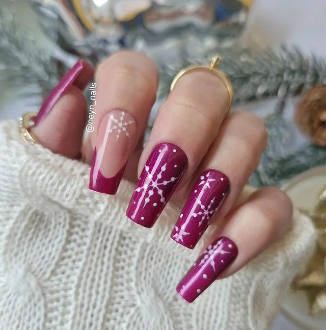 Magenta with White Snowflakes December nail manicure