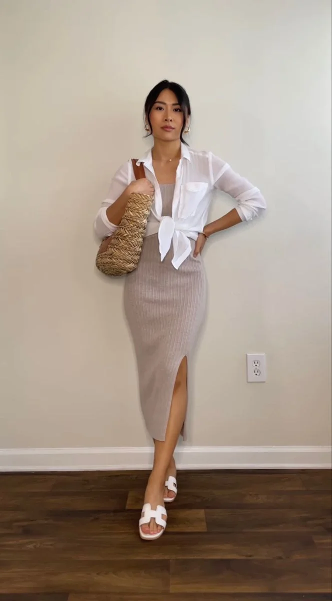 Tie-front blouse with ribbed midi skirt cute dinner outfit