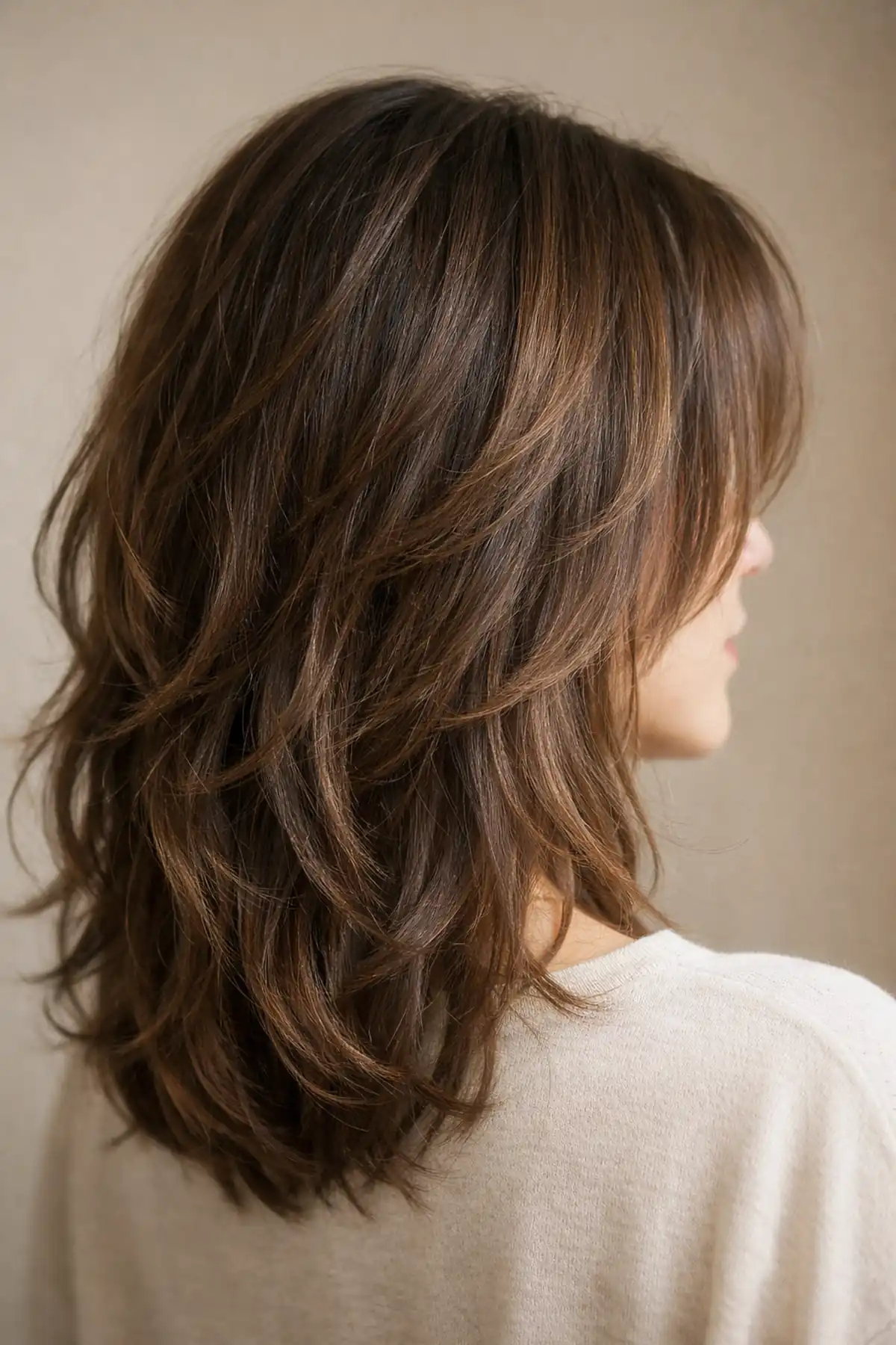 Tawny highlights on a brunette shag haircut