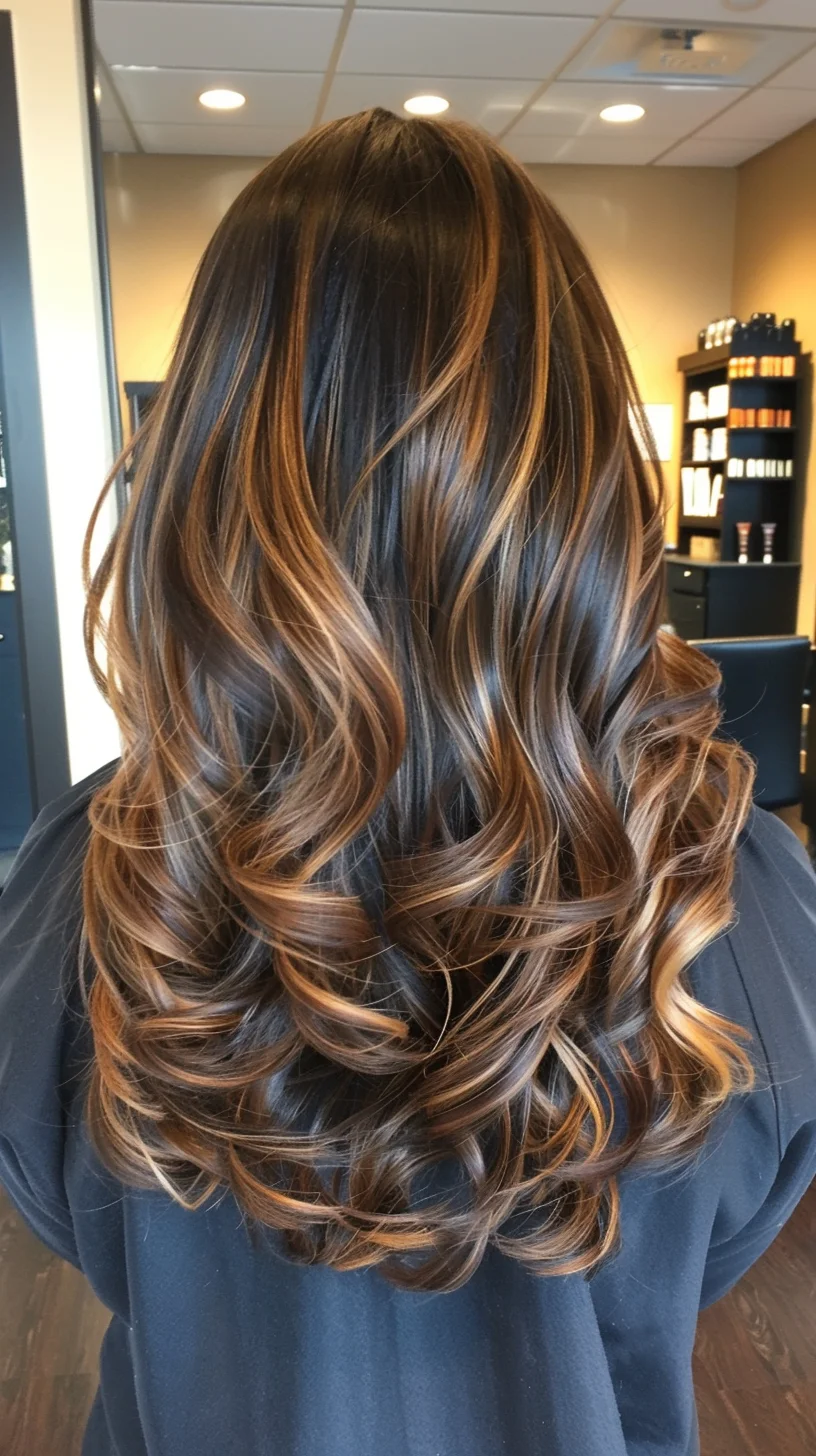 Caramel balayage highlights on dark brown wavy brunette hair