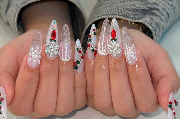 Crystal Snow Globe Snowflake Stiletto Nails snowflake nail art design