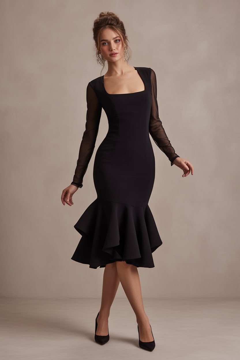 Black cocktail dress with sheer sleeves and ruffle hem formal outfit