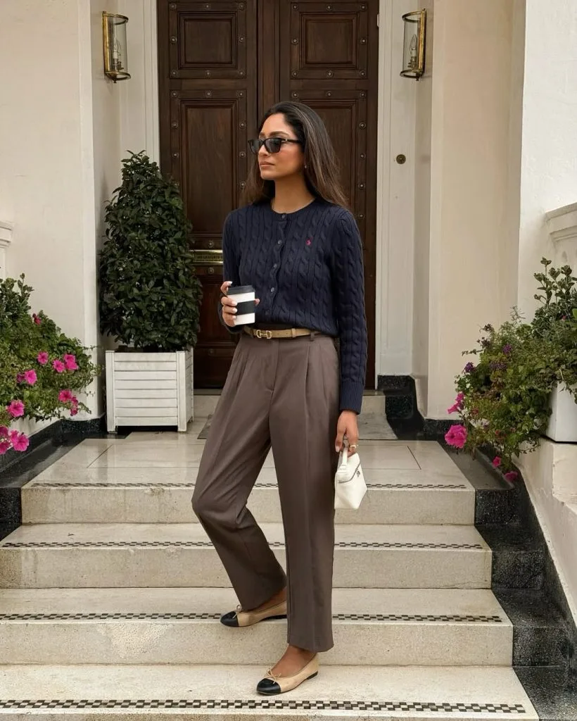 Navy Cable Cardigan with Brown Wide-Leg Trousers business outfit