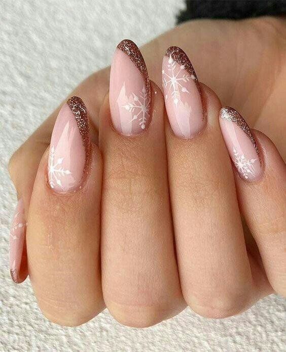 Rose Gold Glitter French Snowflake Almonds snowflake nail art design