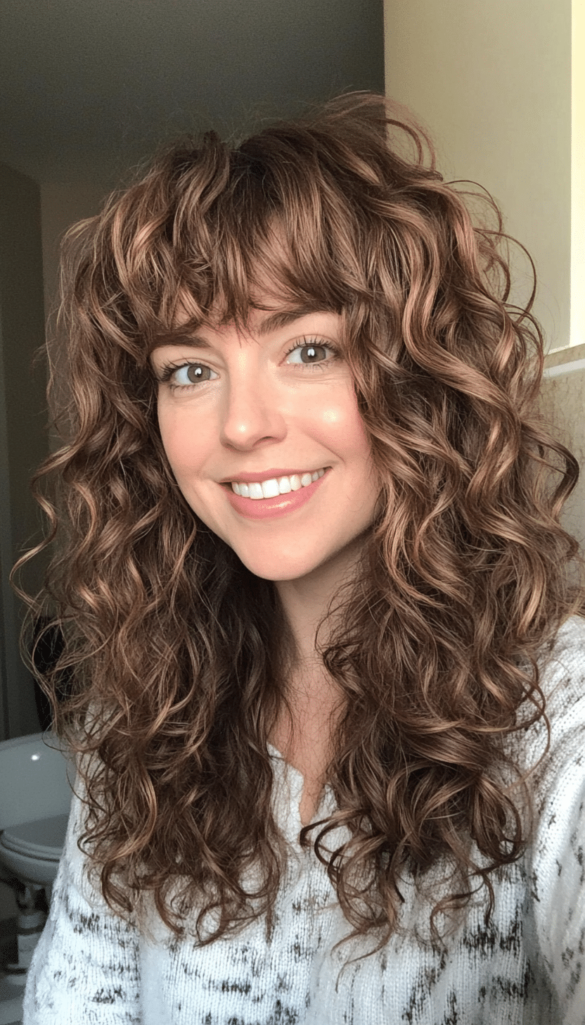 Side-swept bangs with chocolate brown curls