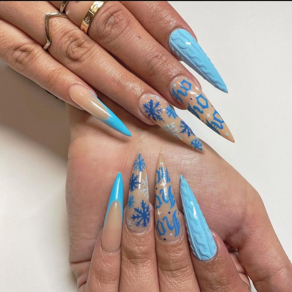 Icy Blue Stiletto Nails with Sweater Texture icy blue nail design