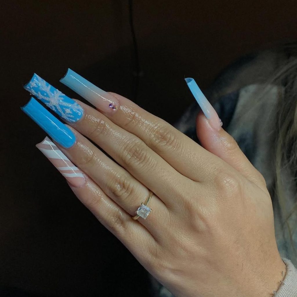 French-Fade Icy Blue Square Nails with a Crystal Accent icy blue nail design