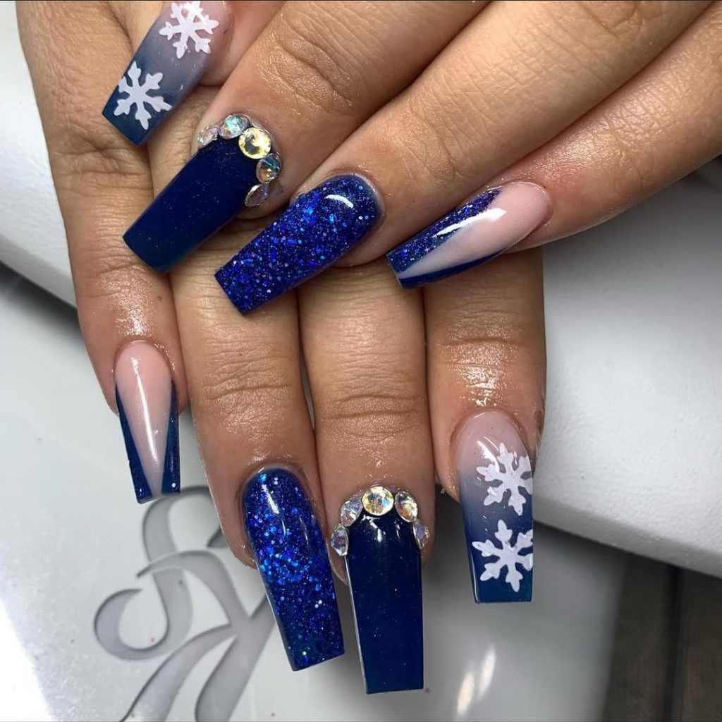 Deep Navy Ombre Nails with Jewel Accents blue winter nail design