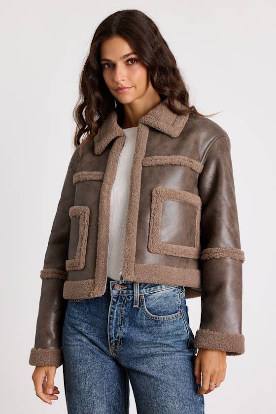Distressed Leather Jacket with Shearling Trim and Jeans casual date night outfit