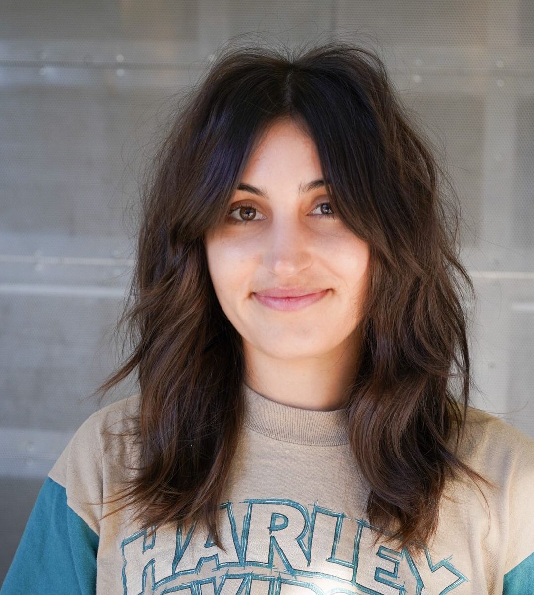 Ash brown balayage with curtain fringe medium hair