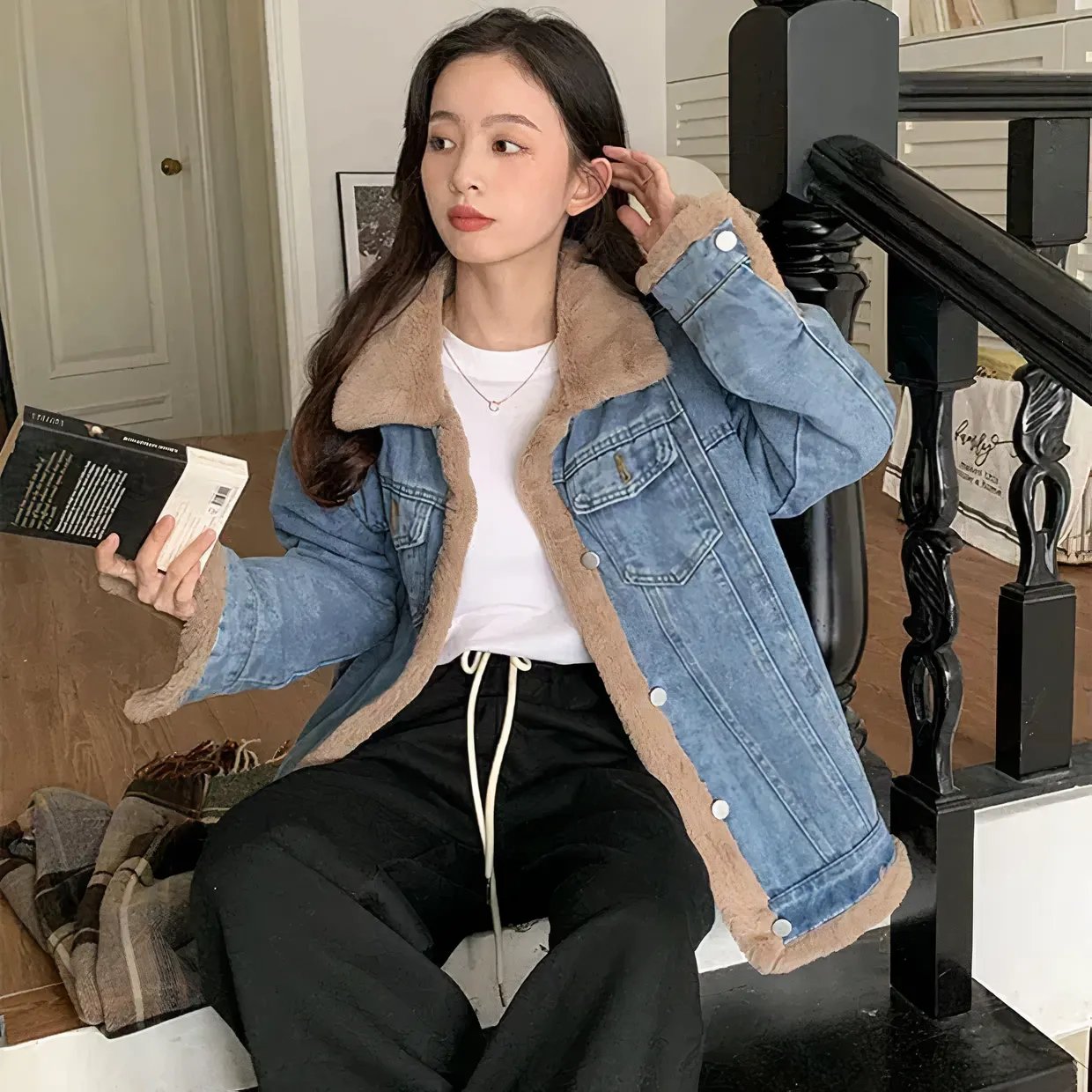 Shearling-Lined Denim Jacket Look inspiration photo