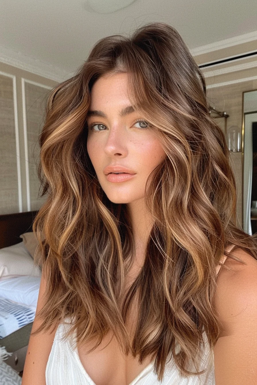Shoulder-length cinnamon balayage in soft waves cinnamon hair idea