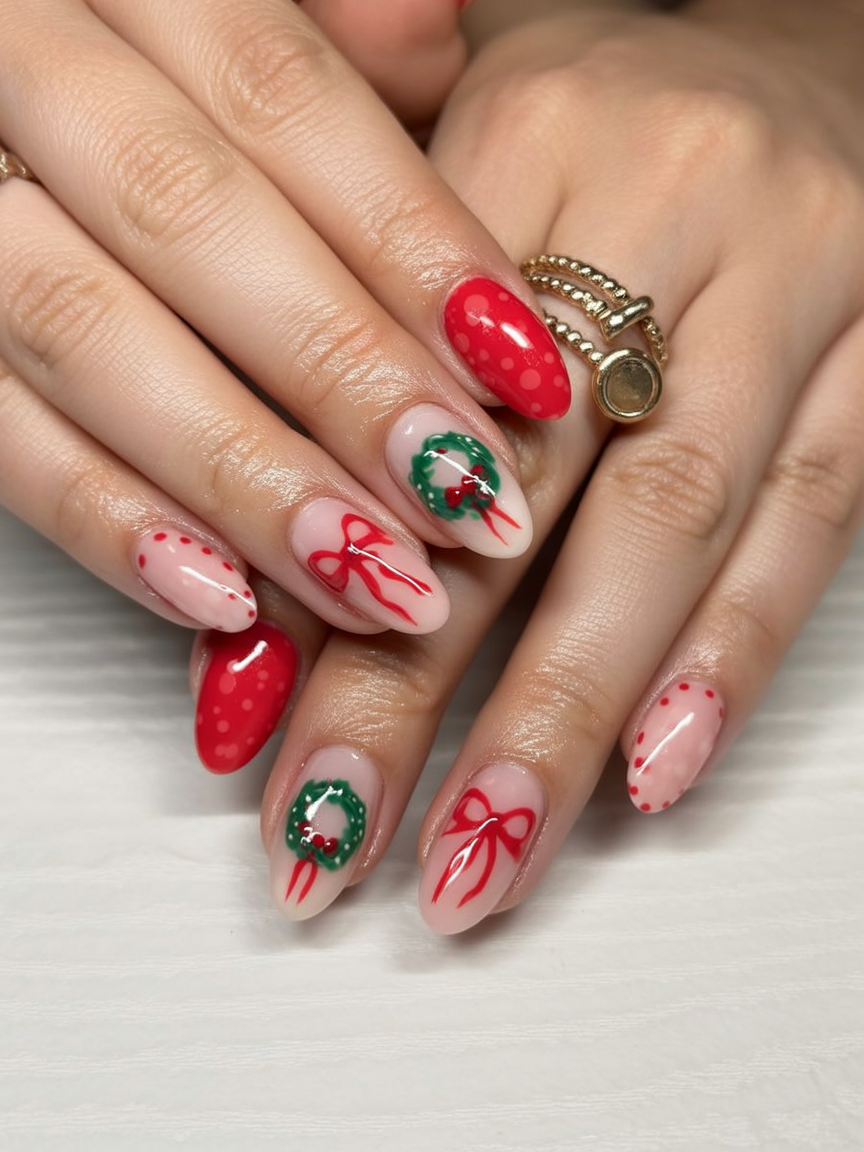 Deep Red Nails with a Single Candy Cane Accent classy Christmas nail manicure