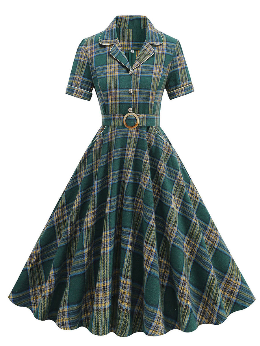 Green plaid shirt dress with a turn-down collar vintage style outfit