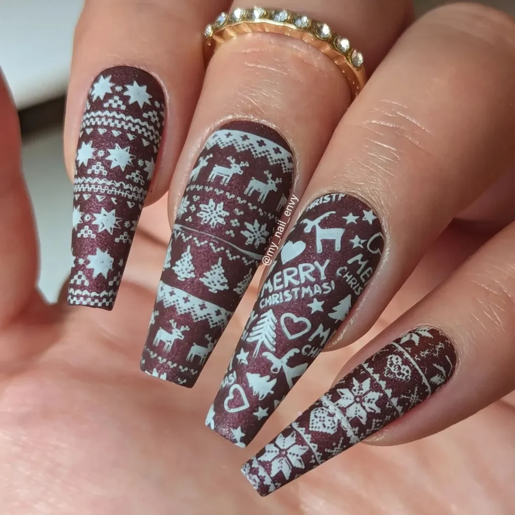 Chocolate Brown Fair-Isle Coffin Nails sweater nail art design