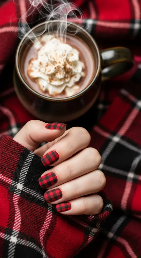 Matte red flannel plaid nails with white outline detail