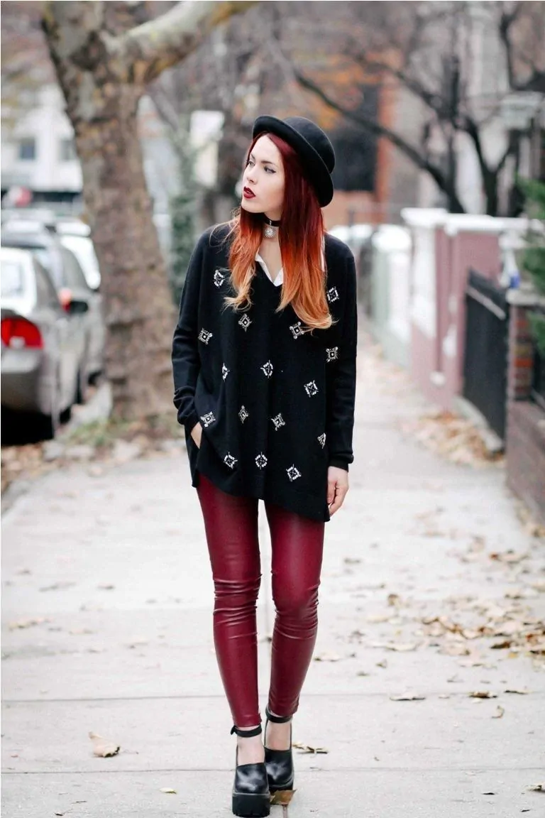 A Studded Top With Burgundy Leather Pants edgy outfit